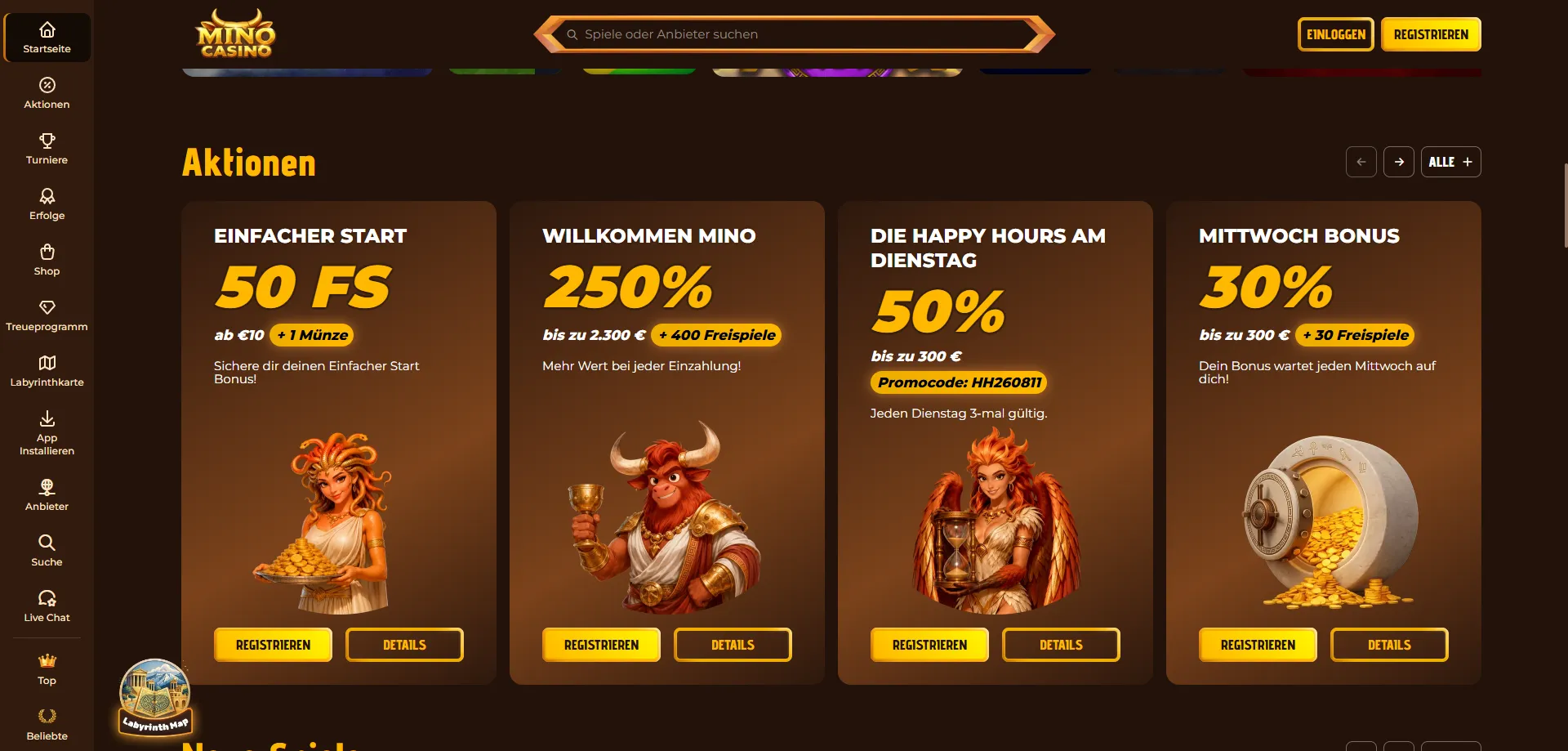 Mino Casino Willkommensbonus – 100% bis 500€ und Freispiele